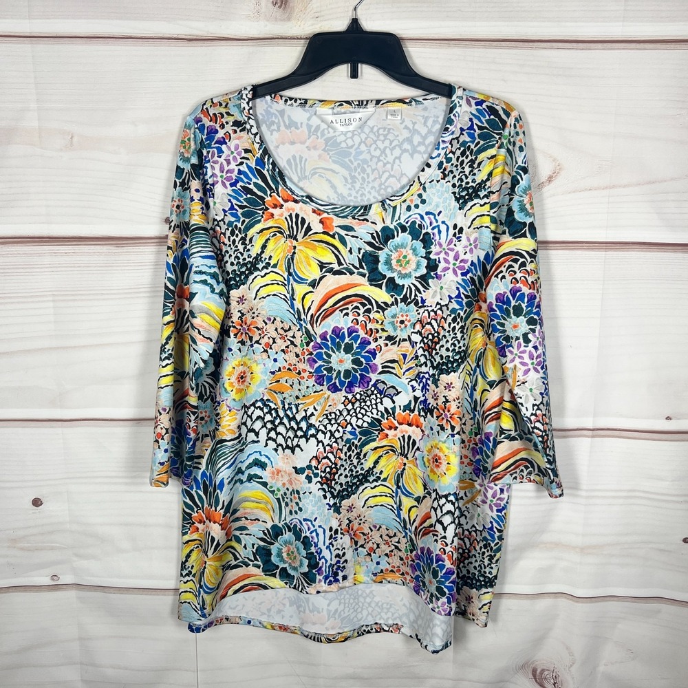 Allison Taylor Top Women Large Multicolor Floral Blouse 3/4 Sleeve Colorful Knit